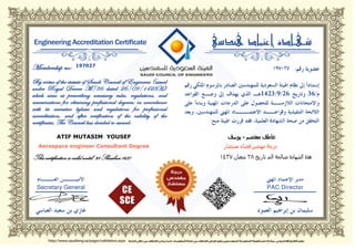 This certification is valid until: 28 Shaaban 1437
197027
ATIF MUTASIM YOUSEF
Aerospace engineer Consultant Degree
 