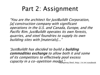 Part 2: Assignment“You are the architect for JustBuildIt Corporation, [a] construction company with significant operations in the U.S. and Canada, Europe, and the Pacific Rim. JustBuildIt operates its own forests, quarries, and steel foundries to supply its own building sites with [materials]...”“JustBuildIt has decided to build a building commodities exchange to allow both it and some of its competitors to effectively pool excess capacity in a co-opetition model.”Humphrey Sheil, http://tr.im/sceabook