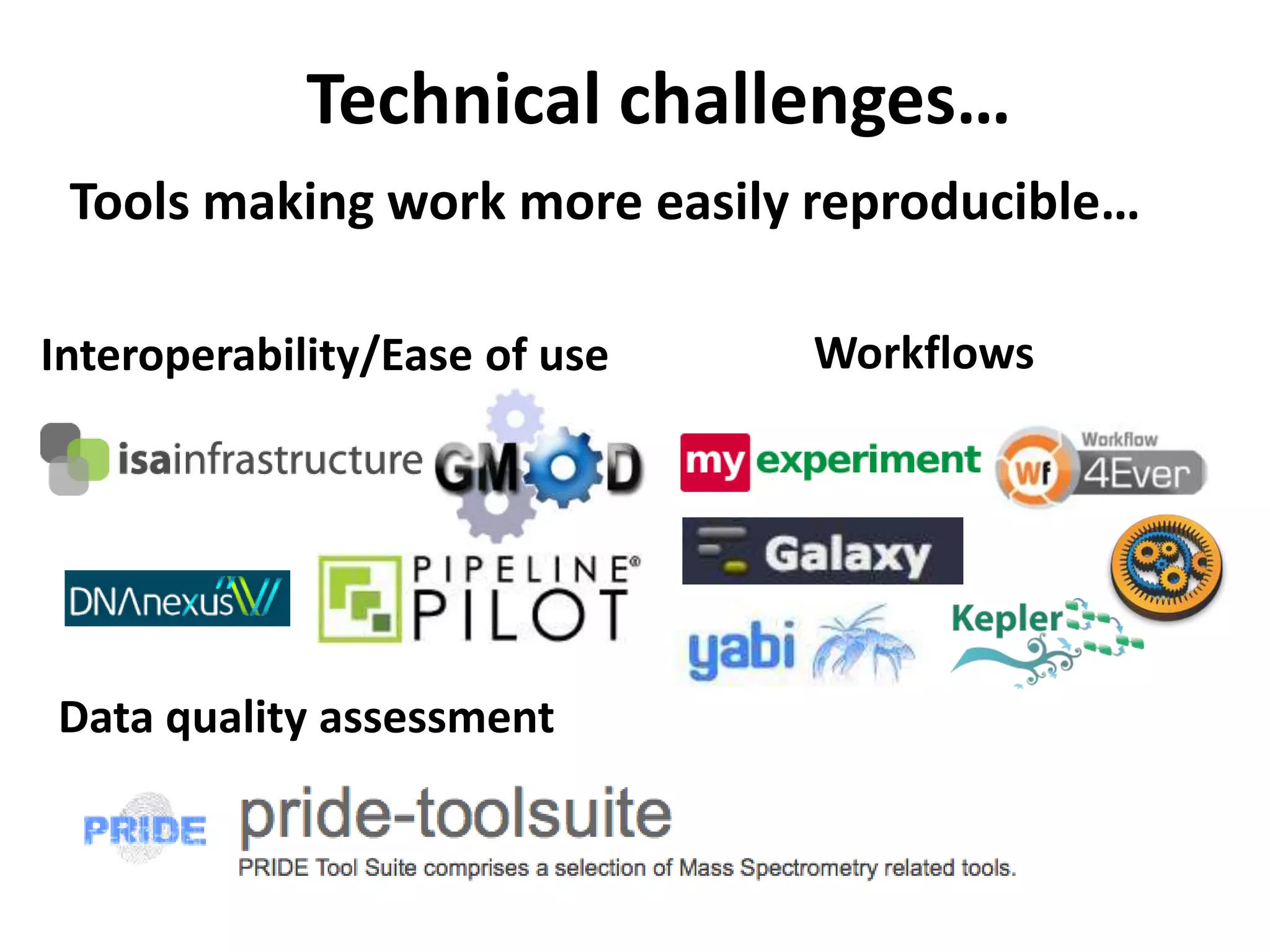 Technical challenges…
 Tools making work more easily reproducible…

Interoperability/Ease of use   Workflows




Data quality assessment
 