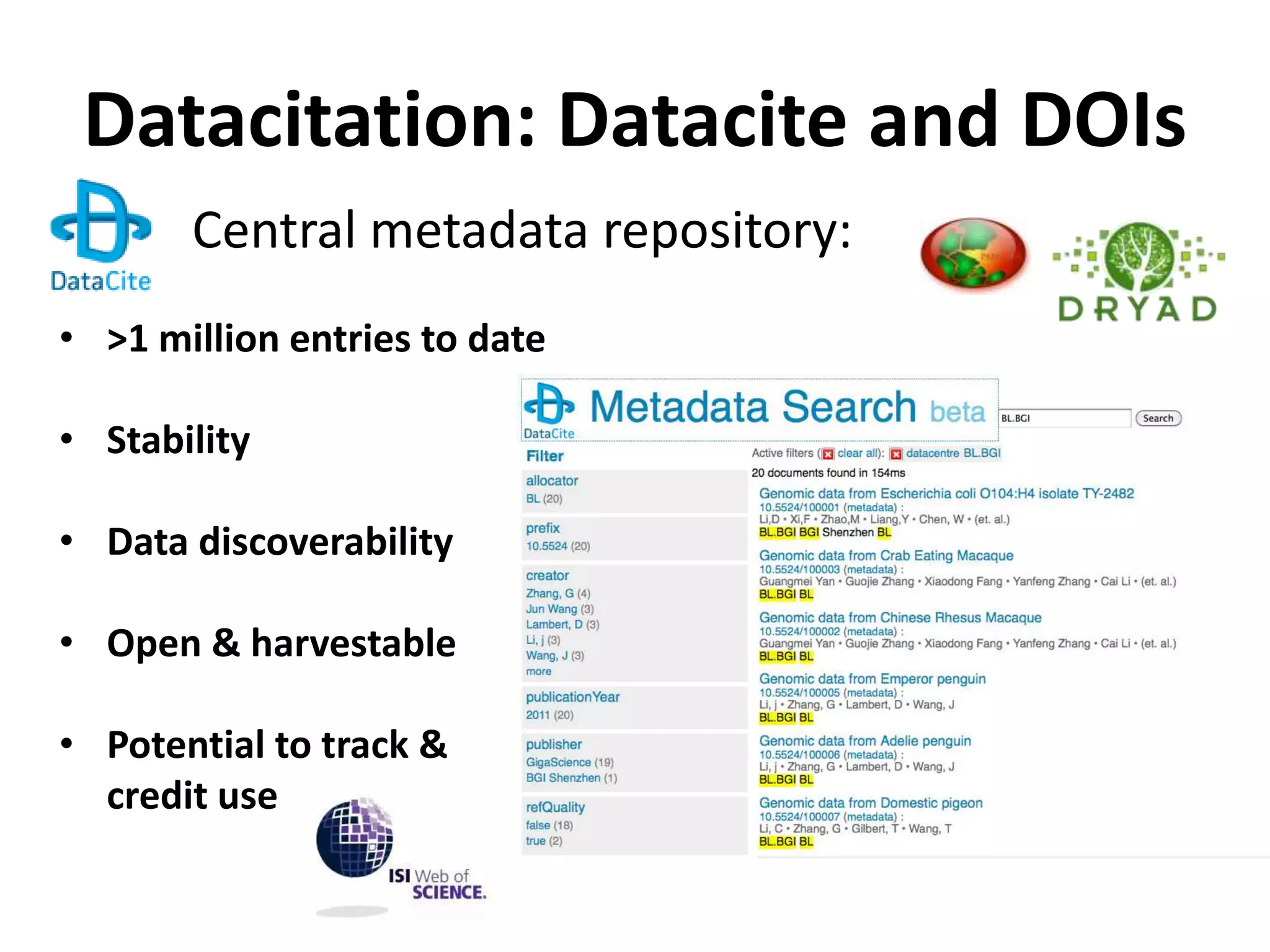 Datacitation: Datacite and DOIs
       Central metadata repository:
• >1 million entries to date

• Stability

• Data discoverability

• Open & harvestable

• Potential to track &
  credit use
 