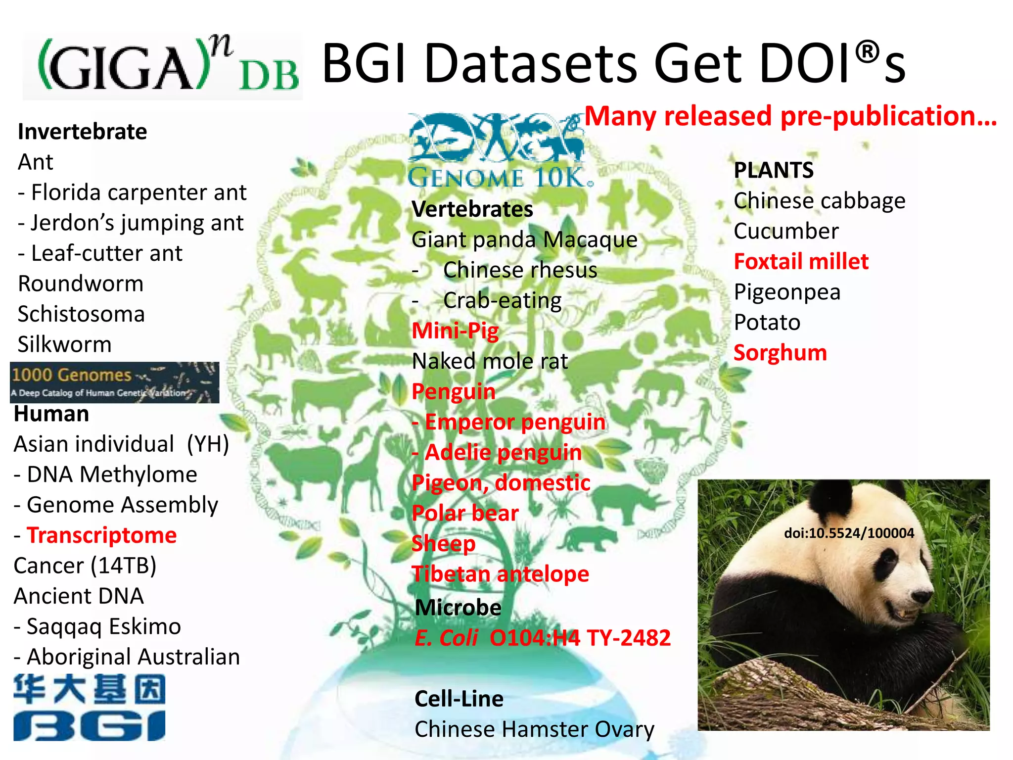 BGI Datasets Get DOI®s
Invertebrate
                                            Many released pre-publication…
Ant                                                    PLANTS
- Florida carpenter ant                                Chinese cabbage
                             Vertebrates
- Jerdon’s jumping ant                                 Cucumber
                             Giant panda Macaque
- Leaf-cutter ant                                      Foxtail millet
                             - Chinese rhesus
Roundworm                                              Pigeonpea
                             - Crab-eating
Schistosoma                                            Potato
                             Mini-Pig
Silkworm                                               Sorghum
                             Naked mole rat
                             Penguin
Human                        - Emperor penguin
Asian individual (YH)        - Adelie penguin
- DNA Methylome              Pigeon, domestic
- Genome Assembly            Polar bear
- Transcriptome              Sheep
                                                           doi:10.5524/100004

Cancer (14TB)                Tibetan antelope
Ancient DNA                  Microbe
- Saqqaq Eskimo              E. Coli O104:H4 TY-2482
- Aboriginal Australian
                             Cell-Line
                             Chinese Hamster Ovary
 