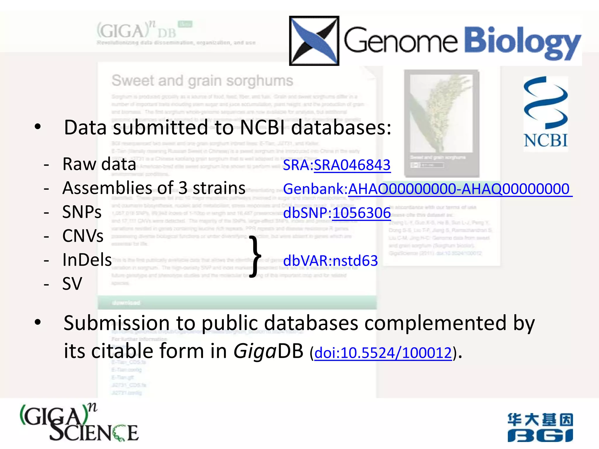 • Data submitted to NCBI databases:
-   Raw data                      SRA:SRA046843
-   Assemblies of 3 strains       Genbank:AHAO00000000-AHAQ00000000
-   SNPs                          dbSNP:1056306
-   CNVs
-
-
    InDels
    SV
                              }   dbVAR:nstd63


• Submission to public databases complemented by
  its citable form in GigaDB (doi:10.5524/100012).
 