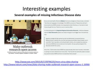 Interesting examples
Several examples of missing Infectious Disease data
http://www.vox.com/2015/6/17/8796225/mers-virus-d...