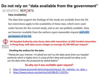 Do not rely on “data available from the government”
HK Hospital Authority only shares data with researchers at UGC-funded ...