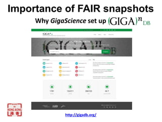Importance of FAIR snapshots
Why GigaScience set up
http://gigadb.org/
 