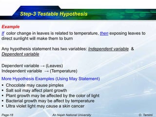 Step-3 Testable Hypothesis

Example
If color change in leaves is related to temperature, then exposing leaves to
direct sunlight will make them to burn

Any hypothesis statement has two variables: Independent variable &
Dependent variable

Dependent variable → (Leaves)
Independent variable → (Temperature)
More Hypothesis Examples (Using May Statement)
 Chocolate may cause pimples
 Salt soil may affect plant growth
 Plant growth may be affected by the color of light
 Bacterial growth may be affect by temperature
 Ultra violet light may cause a skin cancer
Page-18                   An Najah National University                  O. Tamimi
 