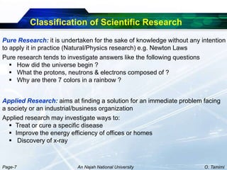 Classification of Scientific Research
Pure Research: it is undertaken for the sake of knowledge without any intention
to apply it in practice (Natural/Physics research) e.g. Newton Laws
Pure research tends to investigate answers like the following questions
    How did the universe begin ?
    What the protons, neutrons & electrons composed of ?
    Why are there 7 colors in a rainbow ?


Applied Research: aims at finding a solution for an immediate problem facing
a society or an industrial/business organization
Applied research may investigate ways to:
   Treat or cure a specific disease
   Improve the energy efficiency of offices or homes
   Discovery of x-ray



Page-7                    An Najah National University                 O. Tamimi
 