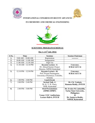 INTERNATIONAL CONGRESS ON RECENT ADVANCES
IN CHEMISTRY AND CHEMICAL ENGINEERING
SCIENTIFIC PROGRAM SCHEDULE
Day 1: (11th
July 2016)
S.No. Time Sessions Session Chairman
1. 9:00 AM – 10:00 AM Registration ----------
2. 10:00 AM – 11:00 AM Inauguration
3. 11:00 AM – 11:30 AM High Tea
4. 11:30 AM – 12:10 PM Keynote Lecture –I:
Dr. Ahmed Kamal, Project
Director, NIPER Hyderabad
Convener,
ICRACACE 16
5. 12:10 PM – 12:50 PM Keynote Lecture –II:
Prof. Priyani Paranagama,
University of Kelaniya, Colombo,
Srilanka
Convener,
ICRACACE 16
6. 1:00 PM – 2:00 PM Lunch break
7. 2:00 PM – 2:40 PM Invited Talk -1:
Dr. K. V. R. Chary,
TIFR, Hyderabad
Dr. Ch. Venkata
Ramana Reddy, JNTUH
8. 2:40 PM – 5:00 PM Oral Presentations
(OP001-OP007)
Venue: UGC Auditorium,
Lecture Hall-4, JNTUH
Dr. Evelyn M. Labastilla,
Tarlac State University,
Philippines
&
Dr. Sanjeeva Reddy,
NIPER, Hyderabad
 