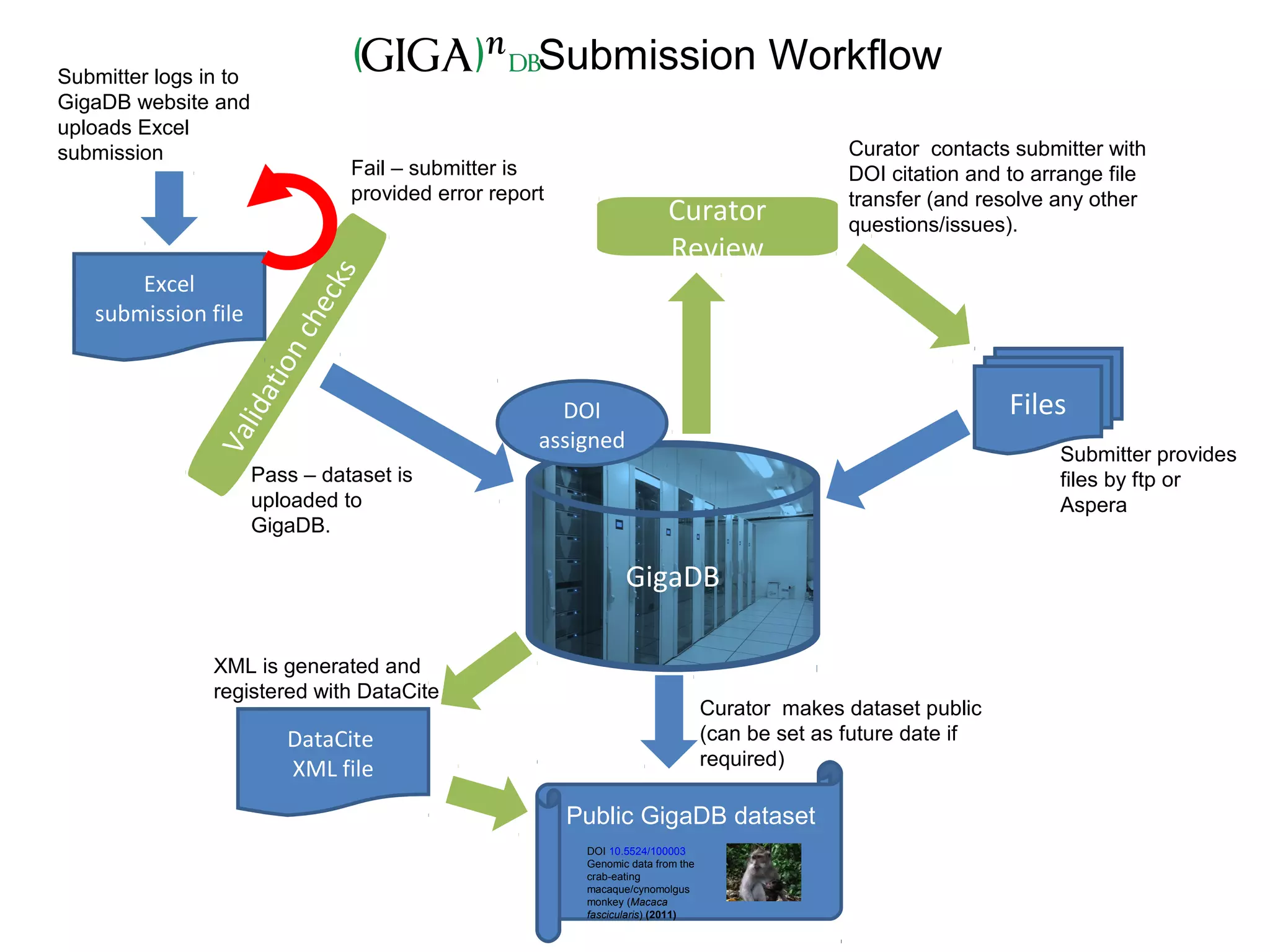 Validationchecks
Fail – submitter is
provided error report
Pass – dataset is
uploaded to
GigaDB.
Submission Workflow
Curator makes dataset public
(can be set as future date if
required)
DataCite
XML file
Excel
submission file
Submitter logs in to
GigaDB website and
uploads Excel
submission
GigaDB
DOI
assigned
Files
Submitter provides
files by ftp or
Aspera
XML is generated and
registered with DataCite
Curator
Review
Curator contacts submitter with
DOI citation and to arrange file
transfer (and resolve any other
questions/issues).
DOI 10.5524/100003
Genomic data from the
crab-eating
macaque/cynomolgus
monkey (Macaca
fascicularis) (2011)
Public GigaDB dataset
 