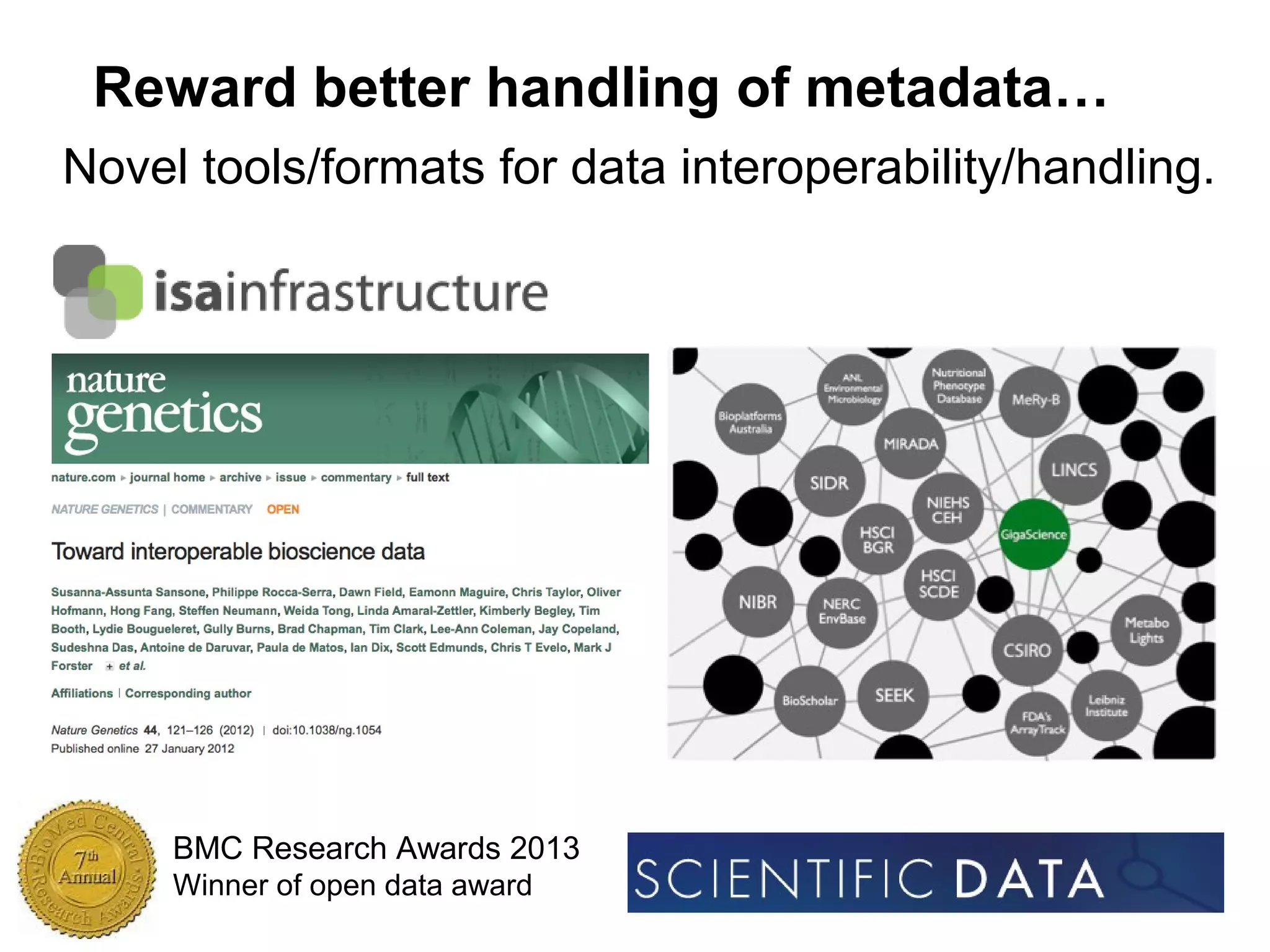Cloud
solutions?
Reward better handling of metadata…
Novel tools/formats for data interoperability/handling.
BMC Research Awards 2013
Winner of open data award
 