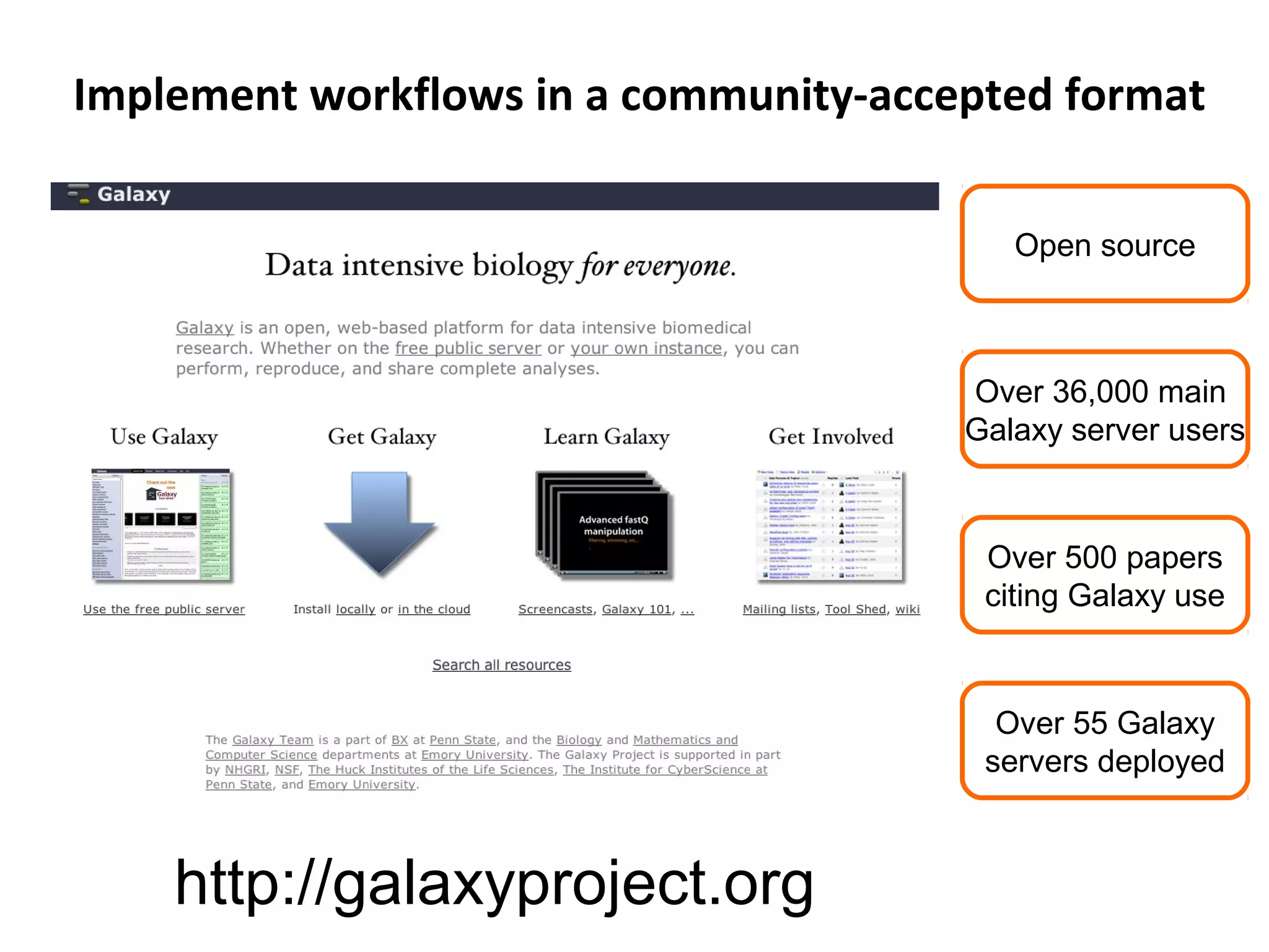 Implement workflows in a community-accepted format
http://galaxyproject.org
Over 36,000 main
Galaxy server users
Over 500 papers
citing Galaxy use
Over 55 Galaxy
servers deployed
Open source
 
