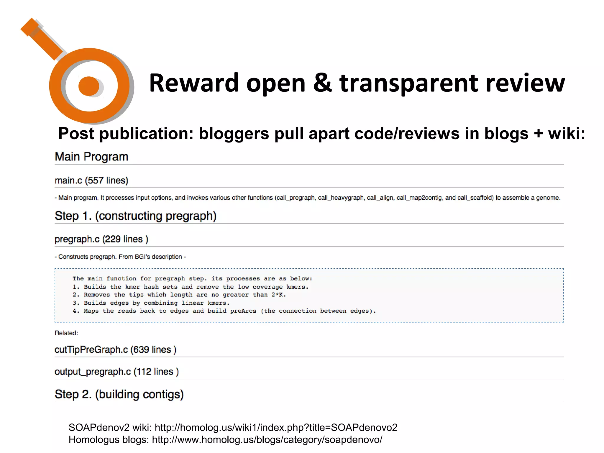Post publication: bloggers pull apart code/reviews in blogs + wiki:
SOAPdenov2 wiki: http://homolog.us/wiki1/index.php?title=SOAPdenovo2
Homologus blogs: http://www.homolog.us/blogs/category/soapdenovo/
Reward open & transparent review
 