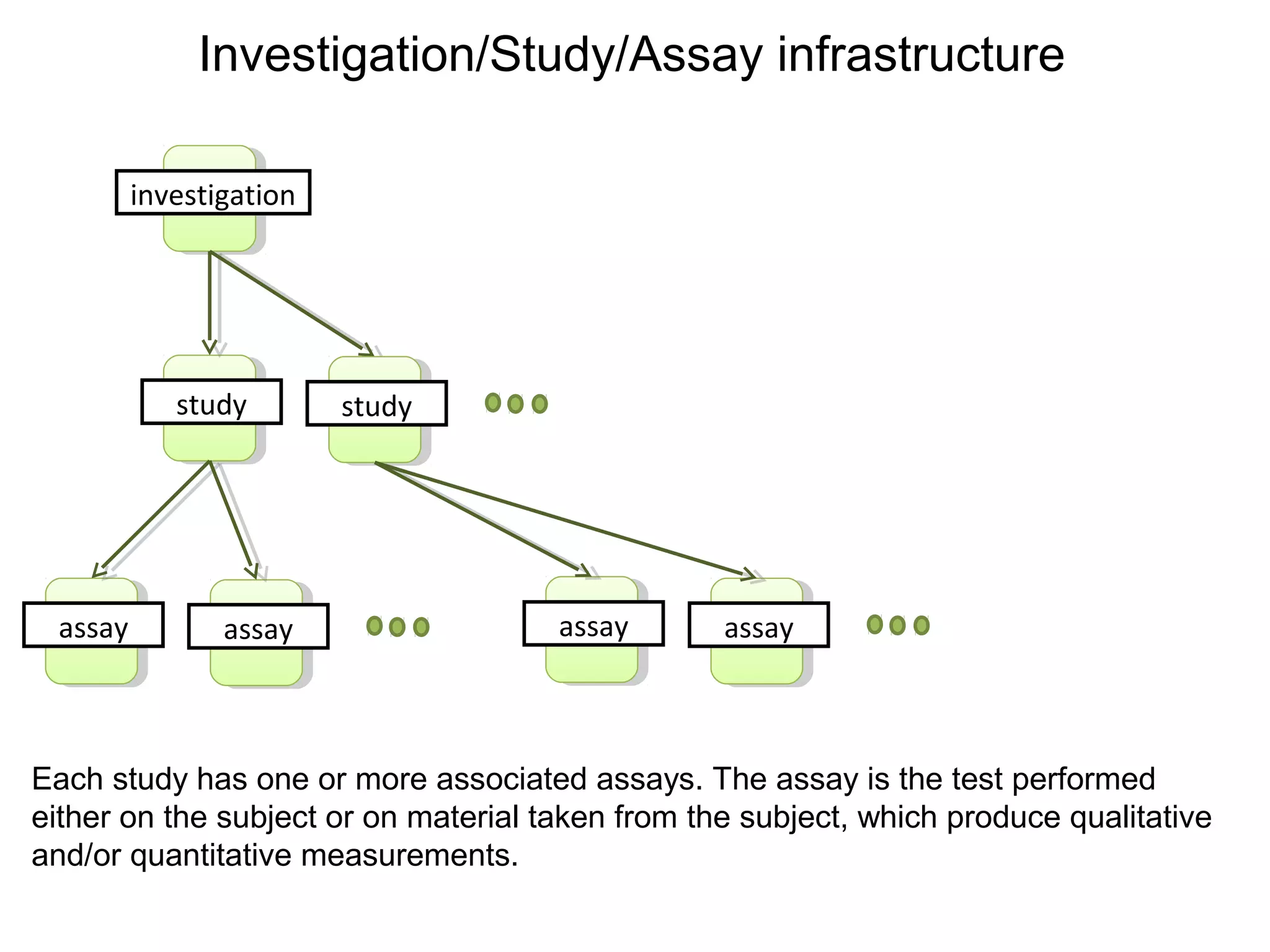 investigation
Investigation/Study/Assay infrastructure
Each study has one or more associated assays. The assay is the test performed
either on the subject or on material taken from the subject, which produce qualitative
and/or quantitative measurements.
study study
assay assay assay assay
 