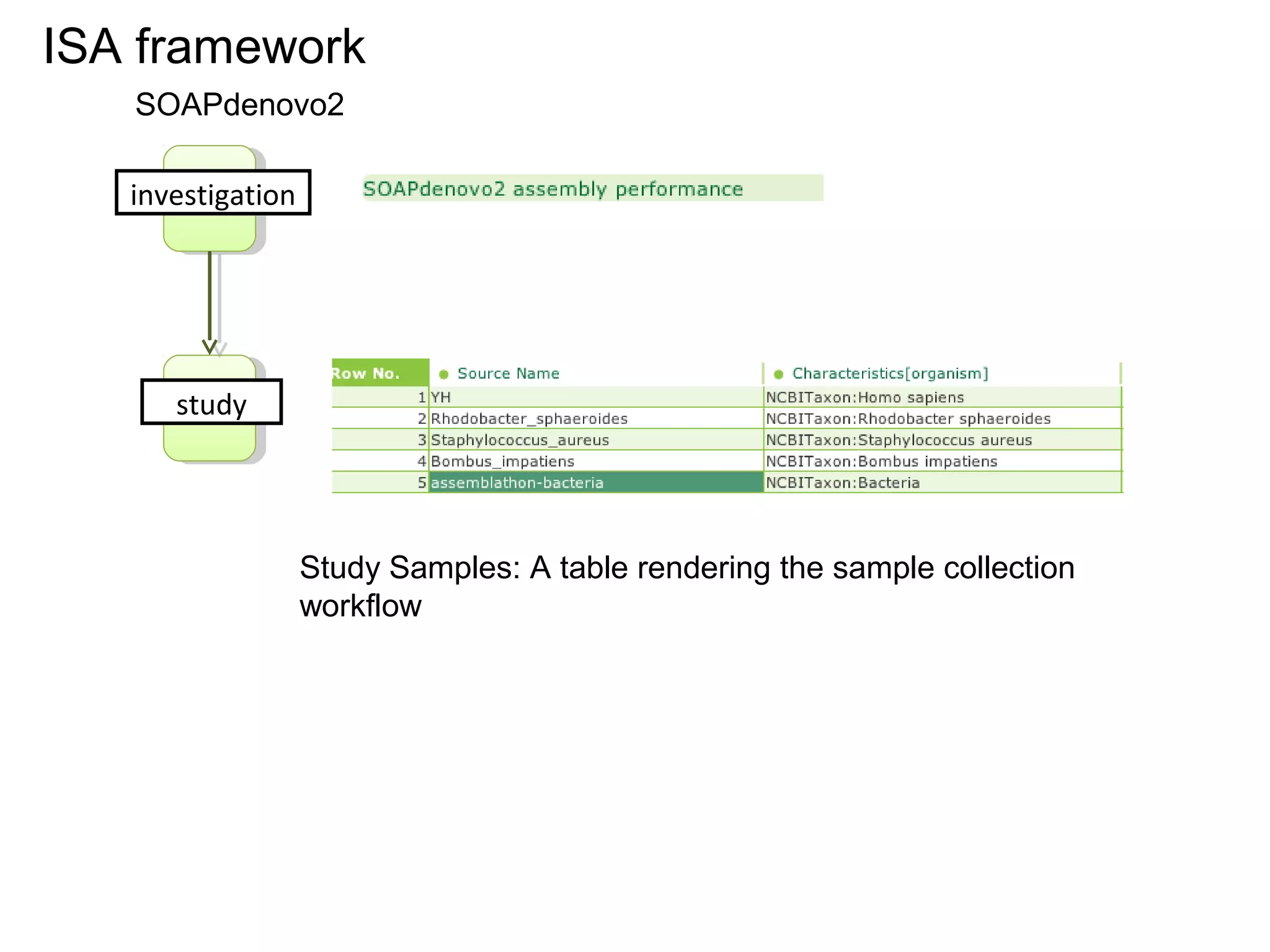 investigation
study
Study Samples: A table rendering the sample collection
workflow
ISA framework
SOAPdenovo2
 