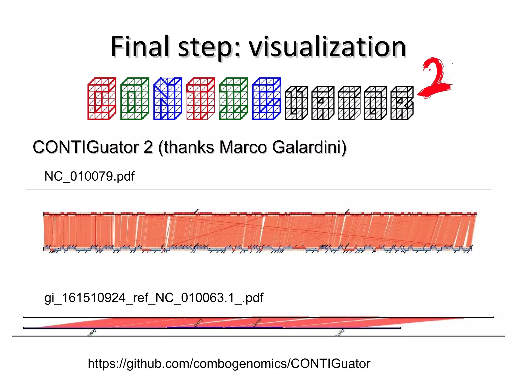 Final step: visualizationFinal step: visualization
NC_010079.pdf
gi_161510924_ref_NC_010063.1_.pdf
CONTIGuator 2 (thanks Marco Galardini)CONTIGuator 2 (thanks Marco Galardini)
https://github.com/combogenomics/CONTIGuator
 