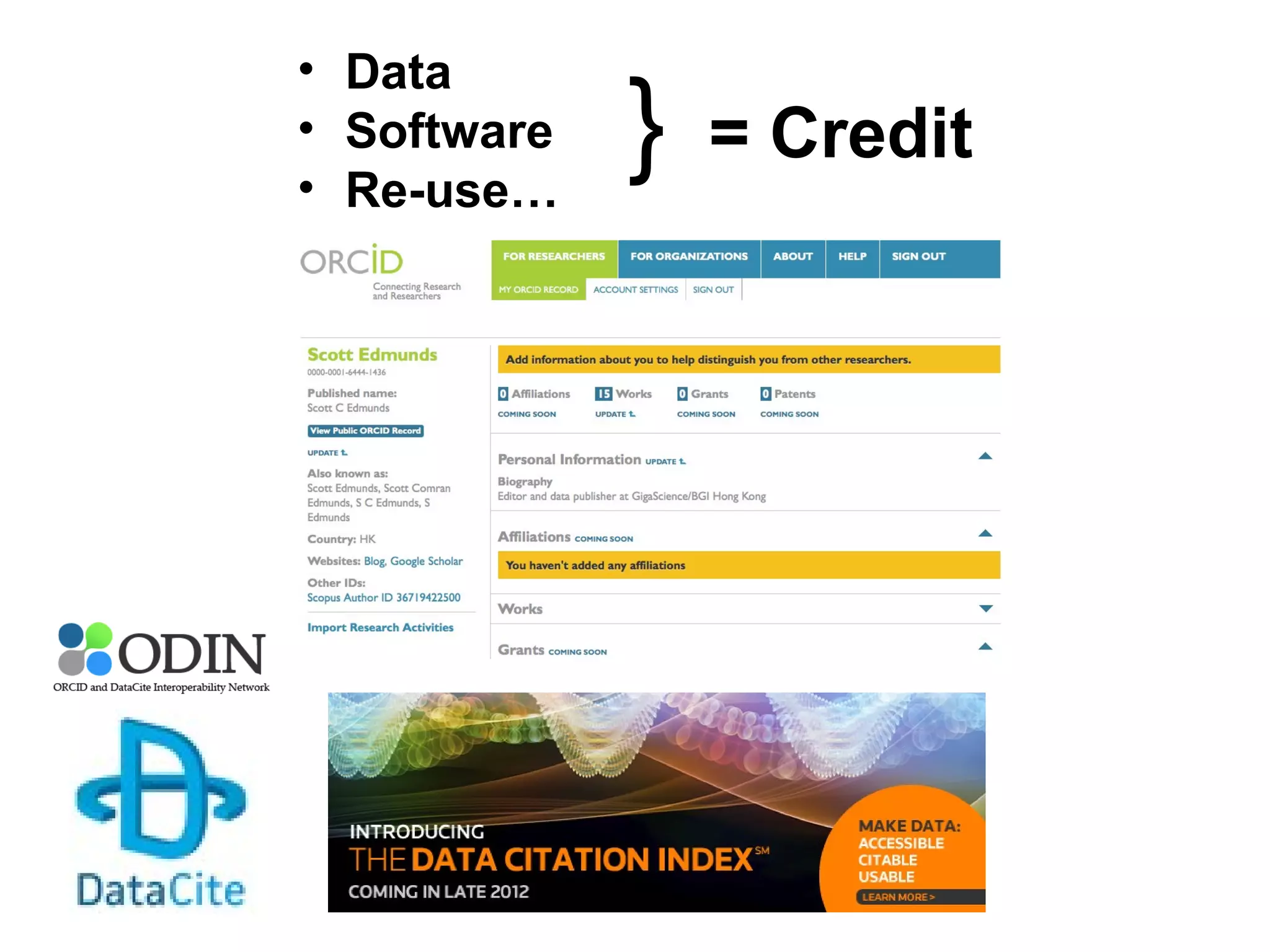 • Data
• Software
• Re-use…
= Credit}
 