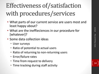 Effectiveness of/satisfaction
with procedures/services
• What parts of our current service are users most and
least happy about?
• What are the ineffieciences in our procedure for
[whatever]?
• Some data collection ideas
• User surveys
• Ratio of potential to actual users
• Ratio of returning to non-returning users
• Error/failure rates
• Time from request to delivery
• Time tracking during staff activity
3/5/13SCELCResearchDay
14
 