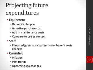 Projecting future
expenditures
• Equipment
• Define its lifecycle
• Amortize purchase cost
• Add in maintenance costs
• Compare to use as context
• Staff
• Educated guess at raises, turnover, benefit costs
changes
• Consider:
• Inflation
• Past trends
• Upcoming sea changes
3/5/13SCELCResearchDay
15
 