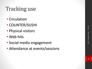 Tracking use
• Circulation
• COUNTER/SUSHI
• Physical visitors
• Web hits
• Social media engagement
• Attendance at events/sessions
3/5/13SCELCResearchDay
17
 