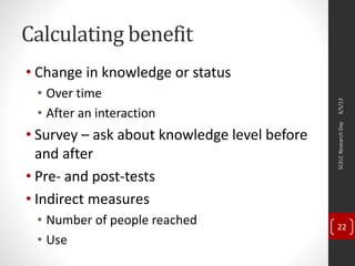 Calculating benefit
• Change in knowledge or status
• Over time
• After an interaction
• Survey – ask about knowledge level before
and after
• Pre- and post-tests
• Indirect measures
• Number of people reached
• Use
3/5/13SCELCResearchDay
22
 
