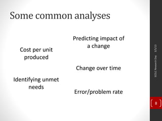 Some common analyses
3/5/13SCELCResearchDay
8
Cost per unit
produced
Change over time
Error/problem rate
Predicting impact of
a change
Identifying unmet
needs
 