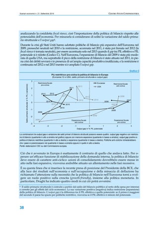 Scenari economici n. 21, Settembre 2014 CENTRO STUDI CONFINDUSTRIA 
analizzando la cosiddetta fiscal stance, cioè l’impostazione della politica di bilancio rispetto alle 
potenzialità dell’economia. Per misurarla si considerano di solito la variazione del saldo prima-rio 
Più restrittiva e pro-ciclica la politica di bilancio in Europa 
(Euroarea 12 e USA; saldo primario strutturale e output gap) 
Euroarea 
USA 
pro-ciclica Restrizione fiscale 
2006 
2007 
2007 
2008 
Restrizione fiscale 
2013 2012 
2009 
2011 
2010 
2011 
2014 
2015 
anti-ciclica 
2006 
2015 
2008 
2009 
2010 
2013 
2012 
2014 
3 
2 
1 
0 
-1 
-2 
-3 
Espansione fiscale 
anti-ciclica 
Espansione fiscale 
pro-ciclica 
-4 -3 -2 -1 0 1 2 3 
Saldo primario strutturale in % PIL (variazione) 
Output gap in % PIL potenziale 
Le combinazioni tra output gap e variazione dei saldi primari di bilancio strutturali possono essere quattro: output gap negativo con restrizio-ne 
di bilancio (quadrante in alto a sinistra nel grafico) oppure con manovre espansive (quadrante in basso a sinistra); output gap positivo e 
politica di bilancio restrittiva (quadrante in alto a destra) o espansiva (quadrante in basso a destra). Politiche anti-cicliche richiederebbero 
che i paesi si posizionassero nel quadrante in basso a sinistra oppure in quello in alto a destra. 
Fonte: elaborazioni CSC su dati Commissione europea. 
38 
strutturale e l’output gap4. 
Durante la crisi gli Stati Uniti hanno adottato politiche di bilancio più espansive dell’Eurozona nel 
2009, pressoché neutrali nel 2010 e la restrizione, accennata nel 2011, è stata poi frenata nel 2012 (la 
fiscal stance è tornata neutrale), per essere accentuata solo nel 2013 quando il gap tra PIL effettivo e PIL 
potenziale si è ridotto (Grafico C). Nell’Eurozona, l’espansione di bilancio del 2009 è stata più mode-rata 
di quella USA, ma soprattutto il picco della restrizione di bilancio è stato attuato nel 2011, in pie-na 
crisi dei debiti sovrani e in presenza di un’ampia capacità produttiva inutilizzata, e la restrizione è 
continuata nel 2012 e nel 2013 mentre si è ampliato l’output gap. 
Grafico C 
Ciò che è avvenuto in Europa è esattamente il contrario di quello che andava fatto. Per o-perare 
un’efficace funzione di stabilizzazione della domanda interna, la politica di bilancio 
deve essere di carattere anti-ciclico: azioni di consolidamento dovrebbero essere messe in 
atto nelle fasi espansive, viceversa andrebbe attuato un allentamento nelle fasi recessive. 
È su questa linea che si inserisce la recente presa di posizione del Presidente della BCE, che 
alla luce dei risultati sull’economia e sull’occupazione e della minaccia di deflazione ha 
richiamato l’attenzione sulla necessità che la politica di bilancio nell’Eurozona torni a svol-gere 
un ruolo positivo sulla crescita (growth-friendly), insieme alla politica monetaria. In 
particolare, Draghi ha indicato quattro modi in cui ciò potrà avvenire: 
4 Il saldo primario strutturale è costruito a partire dal saldo del bilancio pubblico al netto della spesa per interessi 
e corretto per gli effetti del ciclo economico. La sua variazione positiva (negativa) indica restrizione (espansione) 
della politica di bilancio. L’output gap è la differenza tra il PIL effettivo e quello potenziale: se il primo è maggiore 
del secondo il paese ha spazio per politiche restrittive, viceversa se il PIL effettivo è minore del potenziale. 
 