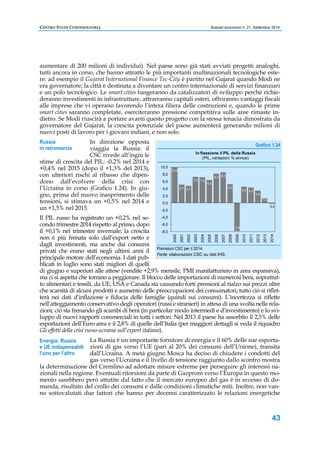 CENTRO STUDI CONFINDUSTRIA Scenari economici n. 21, Settembre 2014 
aumentare di 200 milioni di individui). Nel paese sono già stati avviati progetti analoghi, 
tutti ancora in corso, che hanno attratto le più importanti multinazionali tecnologiche este-re: 
ad esempio il Gujarat International Finance Tec-City è partito nel Gujarat quando Modi ne 
era governatore; la città è destinata a diventare un centro internazionale di servizi finanziari 
e un polo tecnologico. Le smart cities fungeranno da catalizzatori di sviluppo perché richie-deranno 
investimenti in infrastrutture, attrarranno capitali esteri, offriranno vantaggi fiscali 
alle imprese che vi operano favorendo l’intera filiera delle costruzioni e, quando le prime 
smart cities saranno completate, eserciteranno pressione competitiva sulle aree rimaste in-dietro. 
Se Modi riuscirà a portare avanti questo progetto con la stessa tenacia dimostrata da 
governatore del Gujarat, la crescita potenziale del paese aumenterà generando milioni di 
nuovi posti di lavoro per i giovani indiani, e non solo. 
Grafico 1.24 
-0,2 
In flessione il PIL della Russia 
(PIL, variazioni % annue) 
2000 
2001 
2002 
2003 
2004 
2005 
2006 
2007 
2008 
2009 
2010 
2011 
2012 
2013 
2014 
43 
In direzione opposta 
viaggia la Russia: il 
CSC rivede all’ingiù le 
Russia 
in retromarcia 
stime di crescita del PIL: -0,2% nel 2014 e 
+0,4% nel 2015 (dopo il +1,3% del 2013), 
con ulteriori rischi al ribasso che dipen-dono 
dall’evolvere della crisi con 
l’Ucraina in corso (Grafico 1.24). In giu-gno, 
prima del nuovo inasprimento delle 
tensioni, si stimava un +0,5% nel 2014 e 
un +1,5% nel 2015. 
Il PIL russo ha registrato un +0,2% nel se-condo 
trimestre 2014 rispetto al primo, dopo 
il +0,1% nel trimestre invernale; la crescita 
non è più frenata solo dall’export netto e 
dagli investimenti, ma anche dai consumi 
privati che erano stati negli ultimi anni il 
principale motore dell’economia. I dati pub-blicati 
in luglio sono stati migliori di quelli 
10,0 
5,1 4,7 
7,3 7,2 
6,4 
8,2 8,5 
10,0 
8,0 
6,0 
4,0 
2,0 
0,0 
-2,0 
-4,0 
-6,0 
-8,0 
Previsioni CSC per il 2014. 
Fonte: elaborazioni CSC su dati IHS. 
5,2 
-7,8 
4,5 4,3 
3,4 
1,3 
di giugno e superiori alle attese (vendite +2,9% mensile, PMI manifatturiero in area espansiva), 
ma ci si aspetta che tornino a peggiorare. Il blocco delle importazioni di numerosi beni, soprattut-to 
alimentari e tessili, da UE, USA e Canada sta causando forti pressioni al rialzo sui prezzi oltre 
che scarsità di alcuni prodotti e aumento delle preoccupazioni dei consumatori; tutto ciò si riflet-terà 
nei dati d’inflazione e fiducia delle famiglie (quindi sui consumi). L’incertezza si riflette 
nell’atteggiamento conservativo degli operatori (russi e stranieri) in attesa di una svolta nelle rela-zioni; 
ciò sta frenando gli scambi di beni (in particolar modo intermedi e d’investimento) e lo svi-luppo 
di nuovi rapporti commerciali in tutti i settori. Nel 2013 il paese ha assorbito il 2,5% delle 
esportazioni dell’Euro area e il 2,8% di quelle dell’Italia (per maggiori dettagli si veda il riquadro 
Gli effetti della crisi russo-ucraina sull’export italiano). 
La Russia è un importante fornitore di energia e il 60% delle sue esporta-zioni 
di gas verso l’UE (pari al 20% dei consumi dell’Unione), transita 
dall’Ucraina. A metà giugno Mosca ha deciso di chiudere i condotti del 
gas verso l’Ucraina e il livello di tensione raggiunto dallo scontro mostra 
Energia: Russia 
e UE indispensabili 
l’uno per l’altro 
la determinazione del Cremlino ad adottare misure estreme per perseguire gli interessi na-zionali 
nella regione. Eventuali ritorsioni da parte di Gazprom verso l’Europa in questo mo-mento 
sarebbero però attutite dal fatto che il mercato europeo del gas è in eccesso di do-manda, 
risultato del crollo dei consumi e dalle condizioni climatiche miti. Inoltre, non van-no 
sottovalutati due fattori che hanno per decenni caratterizzato le relazioni energetiche 
 