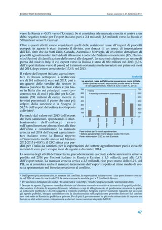 CENTRO STUDI CONFINDUSTRIA Scenari economici n. 21, Settembre 2014 
verso la Russia e +5,5% verso l’Ucraina). Se si considera tale mancata crescita si arriva a un 
delta negativo totale per l’export italiano pari a 2,4 miliardi (1,8 miliardi verso la Russia e 
580 milioni verso l’Ucraina)1. 
Oltre a questi effetti vanno considerati quelli delle restrizioni russe all’import di prodotti 
europei: in agosto è stato imposto il divieto, con durata di un anno, di importazione 
dall’UE, oltre che da Stati Uniti, Canada, Australia e Norvegia, di un elenco dettagliato di 
prodotti agroalimentari individuati attraverso i codici del Sistema armonizzato (HS, Harmo-nized 
System) di classificazione delle merci alle dogane2. Le sanzioni colpiscono un settore di 
punta del made in Italy, il cui export verso la Russia è stato di 680 milioni nel 2013 (6,3% 
dell’export italiano verso il paese) ed è rimasto sostanzialmente invariato nei primi sei mesi 
del 2014, dopo essere cresciuto del 13,4% nel 2013. 
Il valore dell’export italiano agroalimen-tare 
Grafico B 
Le sanzioni russe sull'alimentare peseranno meno in Italia 
(Italia e partner europei, esportazioni probite verso la Russia 
70,0 
60,0 
50,0 
40,0 
30,0 
20,0 
10,0 
0,0 
47 
in Russia sottoposto a restrizione 
era di 161 milioni di euro nel 2013, pari a 
un quarto delle vendite del settore in 
Russia (Grafico B). Tale valore è più bas-so 
in Italia che nei principali paesi con-correnti; 
tra di essi è più alto per la Ger-mania 
(591 milioni di euro), mentre in 
termini percentuali il paese che sarà più 
colpito dalla sanzione è la Spagna (il 
58,5% dell’export del settore è sottoposto 
a divieto)3. 
Partendo dal valore nel 2013 dell’export 
dei beni sanzionati, ipotizzando il man-tenimento 
dell’embargo russo 
sull’agroalimentare almeno fino alla fine 
dell’anno e considerando la mancata 
crescita nel 2014 dell’export agroalimen-tare 
italiano verso la Russia rispetto 
all’incremento medio annuo nel biennio 
2012-2013 (+9,8%), il CSC stima una per-dita 
700 
600 
500 
400 
300 
200 
100 
0 
di beni agroalimentari, milioni di euro e valori %, 2013) 
Valore 
% export agro-alimentare* (scala destra) 
Italia 
Regno Unito 
Paesi Bassi 
Francia 
Germania 
Paesi ordinati per % export agroalimentare. 
* Settore agroalimentare meno tabacco (codici HS 01-23). 
Fonte: elaborazioni CSC su dati Eurostat. 
Spagna 
per l’Italia da sanzioni per le esportazioni del settore agroalimentare pari a circa 80 
milioni di euro per i cinque mesi da agosto a dicembre 2014. 
La somma degli effetti dell’incertezza, precedentemente calcolati, e delle sanzioni fa salire la 
perdita nel 2014 per l’export italiano in Russia e Ucraina a 1,5 miliardi, pari allo 0,4% 
dell’export totale. La mancata crescita arriva a 2,5 miliardi, cioè poco meno dello 0,2% del 
PIL, se si considera anche il mancato incremento dell’export rispetto al ritmo medio di cre-scita 
sperimentato nel biennio precedente al conflitto. 
1 Nell’ipotesi più prudente che, in assenza del conflitto, le esportazioni italiane verso i due paesi fossero cresciu-te 
nel 2014 al tasso di crescita del 5% la mancata crescita sarebbe pari a 2,1 miliardi di euro. 
2 Per un elenco dettagliato dei codici HS sanzionati si veda http://madb.europa.eu/madb/latestupdates.htm. 
3 Sempre in agosto, il governo russo ha adottato un’ulteriore normativa restrittiva in materia di appalti pubblici, 
che sancisce il divieto di acquisto di tessuti, calzature e capi di abbigliamento di produzione straniera da parte 
di istituzioni pubbliche e di enti soggetti a controllo pubblico. Seppure il provvedimento riguardi per ora solo 
gli appalti pubblici, bisogna considerare che la discrezionalità nell’applicazione potrebbe derivare dal confine 
non così netto in Russia tra pubblico e privato. Per di più il governo russo ha più volte minacciato di imporre un 
bando su altri settori come contromisura a ulteriori nuove sanzioni da parte dell’UE. 
 