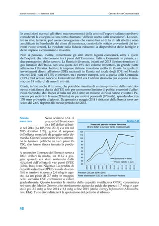 Scenari economici n. 21, Settembre 2014 CENTRO STUDI CONFINDUSTRIA 
In condizioni normali gli effetti macroeconomici della crisi sull’export italiano sarebbero 
considerati la ciliegina su una torta chiamata “difficile uscita dalla recessione”. Lo scon-tro 
in atto, tuttavia, può avere conseguenze che vanno ben al di là di tali effetti e sono 
amplificate in Eurolandia dal clima di incertezza, creato dalle notizie provenienti dai ter-ritori 
russo-ucraini. Le ricadute sulla fiducia riducono la disponibilità delle famiglie e 
delle imprese a consumare e investire. 
Non si possono, inoltre, dimenticare gli altri stretti legami economici, oltre a quelli 
dell’export, che intercorrono tra i paesi dell’Eurozona, Italia e Germania in primis, e i 
due protagonisti dello scontro. La Russia è divenuta, infatti, nel 2013 il primo fornitore di 
gas naturale dell’Italia, con una quota del 49% del volume importato, in grande parte 
attraverso l’Ucraina. Inoltre, le imprese italiane investono molto in Russia: la quota di 
investimenti diretti all’estero (IDE) nazionali in Russia sul totale degli IDE nel Mondo 
era nel 2011 pari all’1,5% e inferiore, tra i partner europei, solo a quella della Germania 
(1,9%). Nel settore bancario Unicredit nel 2013 era l’istituto straniero più esposto in Rus-sia, 
con 18 miliardi di euro di attività. 
Conta, infine, anche il turismo, che potrebbe risentire di un inasprimento della restrizio-ne 
sui visti, finora decisa dall’UE solo per un numero limitato di politici e uomini d’affari 
russi. Secondo i dati Banca d’Italia nel 2013 oltre un milione di russi hanno visitato il Pa-ese 
sia per motivi di lavoro (218mila) sia per motivi personali (870mila), spendendo circa 
170 euro pro-capite al giorno. Da gennaio a maggio 2014 i visitatori dalla Russia sono cre-sciuti 
del 2,6% rispetto allo stesso periodo del 2013. 
Petrolio 
meno caro Grafico 1.26 
48 
Nello scenario CSC il 
prezzo del Brent scen-de 
a 107 dollari al bari-le 
nel 2014 (da 108,9 nel 2013) e a 104 nel 
2015 (Grafico 1.26), grazie al sorpasso 
dell’offerta mondiale di greggio sulla do-manda. 
Ciò nell’assunzione che si attenui-no 
le tensioni politiche in vari paesi O-PEC, 
che hanno finora frenato la produ-zione. 
A settembre il prezzo del Brent è sceso a 
100,3 dollari in media, da 112,2 a giu-gno, 
quando era stato sostenuto dalle 
riduzioni dell’offerta di vari paesi OPEC 
(Libia, Iraq, Iran, Nigeria). La perdita di 
capacità estrattiva OPEC causata da con-flitti 
e tensioni è scesa a 2,4 mbg in ago-sto, 
da un picco di 2,7 mbg in maggio; 
120 
110 
100 
90 
80 
70 
60 
50 
40 
30 
20 
Prezzi del petrolio in lenta flessione 
(Brent, dollari e euro per barile, medie annuali) 
Quotazione in dollari 
Prezzo tradotto in euro 
2003 
2004 
2005 
2006 
2007 
2008 
2009 
2010 
2011 
2012 
2013 
2014 
2015 
Previsioni CSC per 2014 e 2015. 
Fonte: elaborazioni CSC su dati Thomson Reuters. 
nello scenario CSC continuerà a calare 
gradualmente. Questo favorirà la risalita della capacità inutilizzata OPEC, concentrata 
nei paesi del Medio Oriente, che storicamente agisce da guida dei prezzi: 1,7 mbg in ago-sto 
e poi 2,7 mbg a fine 2014 e 3,1 mbg a fine 2015 (stime Energy Information Administra-tion, 
EIA). Tutto ciò indirizzerà la quotazione del petrolio al ribasso. 
 