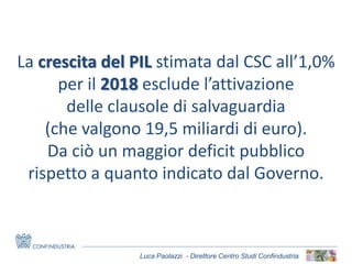 Luca Paolazzi - Direttore Centro Studi Confindustria
La crescita del PIL stimata dal CSC all’1,0%
per il 2018 esclude l’at...