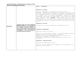 Jean-Paul Moiraud - Equipe EducTice / Scénario / SPE
Scénario de pédagogie embarquée
                                                                     Phase 0 – Préparation


                                                                     Préparation technique

                                                                     Déterminer l’équipement en informatique dans l’établissement,
                                                                     Déterminer l’équipement des apprenants en ordinateurs, en connexions (très
                                                                     haut débit, ADSL, bas débit), Déterminer l’équipement des apprenants en
                                                                     outils nomades, Déterminer les caractéristiques de la plateforme blog et
                                                                     les comparer avec les intentions pédagogiques, prendre en compte
                                                                     l’équipement technologique de l’établissement – Vidéo projecteur, tableau
                                                                     blanc   interactif  (TBI),   Regarder  l’architecture   des   salles  dans
                                                                     l’établissement où l’on exerce. Les salles d’informatiques sont-elles
                                                                     distantes des salles de cours banalisées ?Comment est structurée la salle
                                                                     d’informatique ? Peut-on avoir accès au réseau internet dans sa salle de
                                                                     cours ?

                                                                     Préparation juridique
                  On décrira de façon plus ou moins détaillée les
                  différentes phases de l'activité pédagogique       S’informer sur les enjeux juridiques de l’enseignement en ligne
Déroulement       selon le principe d’une fiche de préparation ou
                  d’un témoignage d’expérience (objectifs, pré
                  requis, consignes, phases, durées, dispositif(s)
                  pédagogique(s), évaluation, prolongements, rôle    Préparation   pédagogique
                  de l'enseignant...). Voir aussi exemples de
                  description des scénarios Edu’bases                Déterminer le niveau de formation

                                                                     Niveau de la classe (seconde – première …), type d’enseignement (français,
                                                                     anglais), type de certification (initial, alternance)
                                                                     Déterminer ses intentions pédagogiques, informer et expliquer aux
                                                                     apprenants les modalités de l’apprentissage.
                                                                      Déterminer les temporalités du projet (une semaine, un mois, un an,
                                                                     pluriannuel)

                                                                     Préparation   organisationnelle

                                                                     Déterminer les temporalités du projet,

                                                                     Déterminer le projet pédagogique en s’appuyant sur les programmes et les
                                                                     modalités de certification.
 