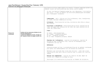 Jean-Paul Moiraud - Equipe EducTice / Scénario / SPE
Scénario de pédagogie embarquée
                                                                     Utilisation du blog comme support de travail. L’espace numérique permet de
                                                                     fédérer toutes les fonctionnalités des autres outils nomades

                                                                        Ce sont les besoins d’apprentissage qui vont déterminer l’utilisation
                                                                        des outils. Il faut se référer aux activités pédagogiques envisagées
                                                                        par l’enseignant concepteur



                                                                        Communiquer – mail, logiciel de visio-conférence, chat, enregistreur
                                                                        en ligne, rubrique commentaire du blog,

                                                                        Collaborer – Fonctionnalité du blog, attribution des rôles à chacun
                                                                        des acteurs.

                                                                        Distribuer l’information – Fonctionnalités du blog, possibilité de
                                                                        créer une page fixe, possibilité de créer des tags, possibilité de
                                                                        créer des thématiques.

                                                                        Créer :
                  Quelles sont les ressources utilisées lors de
Ressources                                                              Du   texte – pack bureautique
                  l'activité pédagogique ?
numériques                                                              De   l’image – téléphone portable
                  Logiciels de traitement de texte, d'image, de         Du   son – téléphone portable
                  son, logiciels d'édition de pages internet, etc.      De   la vidéo –téléphone portable, webcam


                                                                        Chercher de l’information – Logiciel de navigation, logiciel de
                                                                        navigation avec intégrateur flux, logiciel de messagerie avec
                                                                        intégrateur de flux rss

                                                                        Référencer

                                                                        Caractéristiques du blog. La plateforme blog est en général configurée
                                                                        pour gérer les référencements sur les moteurs de recherche.

                                                                        Réfléchir aux intitulés des titres des articles – créer des titres
                                                                        significatifs avec mots clés en relation avec la teneur de l’article
                                                                        rédigé.

                                                                        Évaluer les compétences – logiciel de création de QCM, dépôt de
                                                                        fichier sur l’espace de stockage du blog.

                                                                        Participer à la construction du blog est un élément de validation.
 