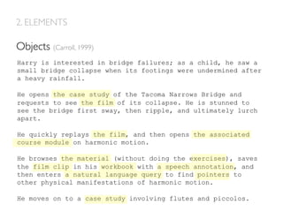 Harry is interested in bridge failures; as a child, he saw a
small bridge collapse when its footings were undermined after
a heavy rainfall.
He opens the case study of the Tacoma Narrows Bridge and
requests to see the film of its collapse. He is stunned to
see the bridge first sway, then ripple, and ultimately lurch
apart.
He quickly replays the film, and then opens the associated
course module on harmonic motion.
He browses the material (without doing the exercises), saves
the film clip in his workbook with a speech annotation, and
then enters a natural language query to find pointers to
other physical manifestations of harmonic motion.
He moves on to a case study involving flutes and piccolos.
Objects (Carroll, 1999)
2. ELEMENTS
 
