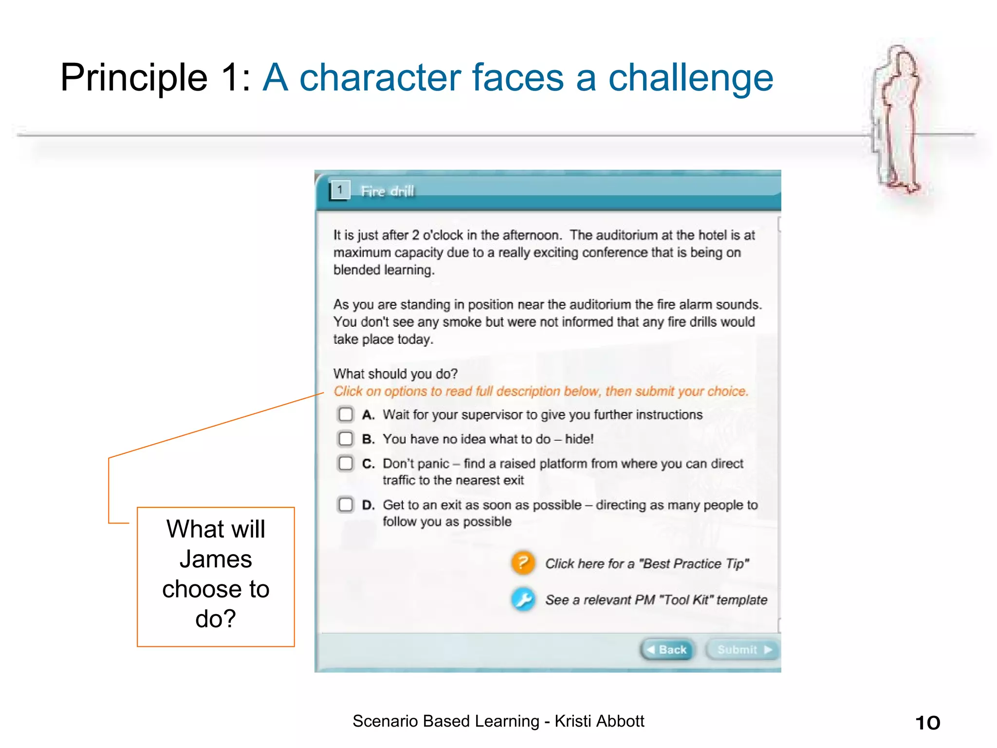 Scenario Based Learning - Kristi Abbott What will James choose to do? Principle 1:  A character faces a challenge 