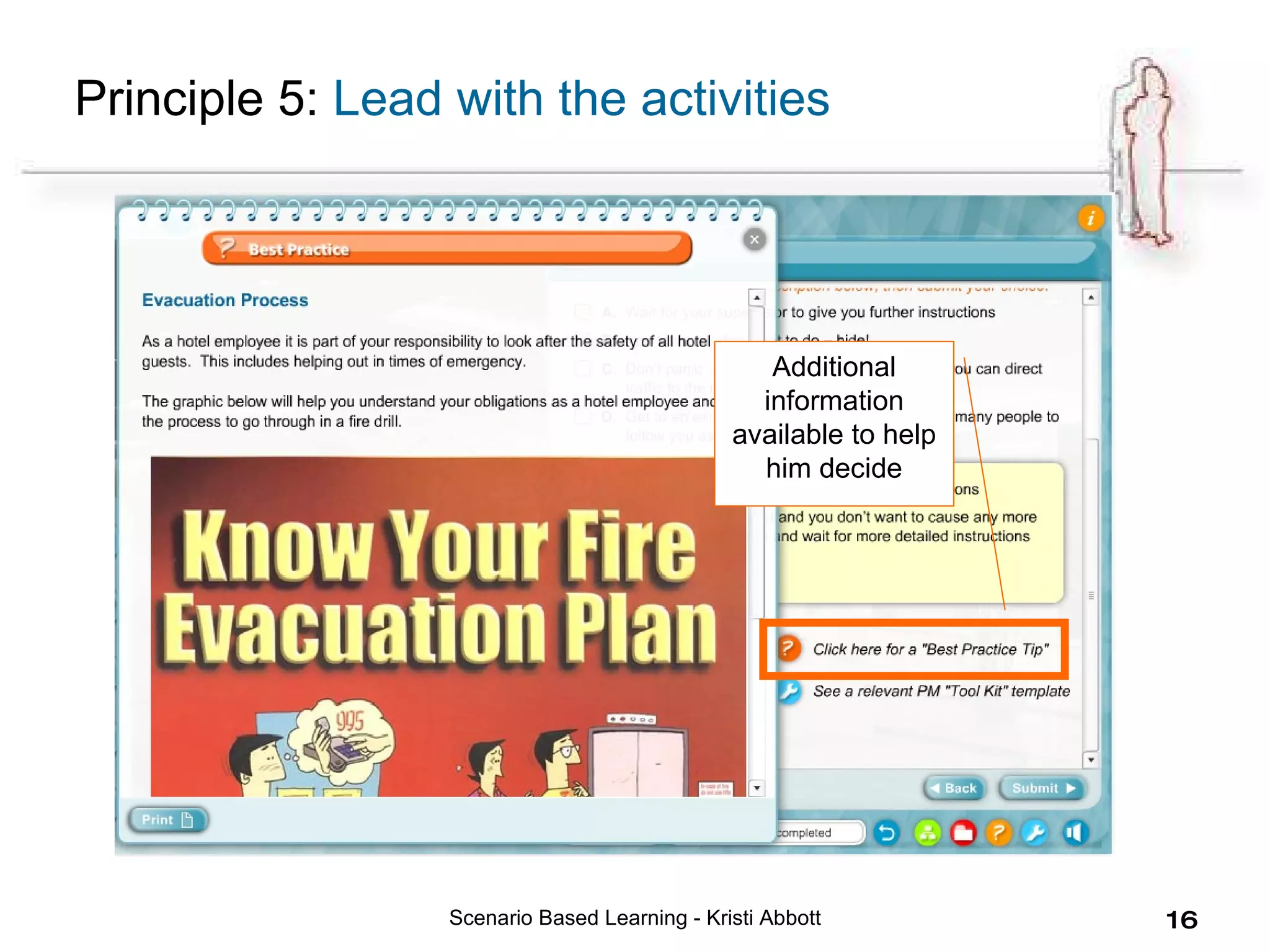 Scenario Based Learning - Kristi Abbott Additional information available to help him decide Principle 5:  Lead with the activities 