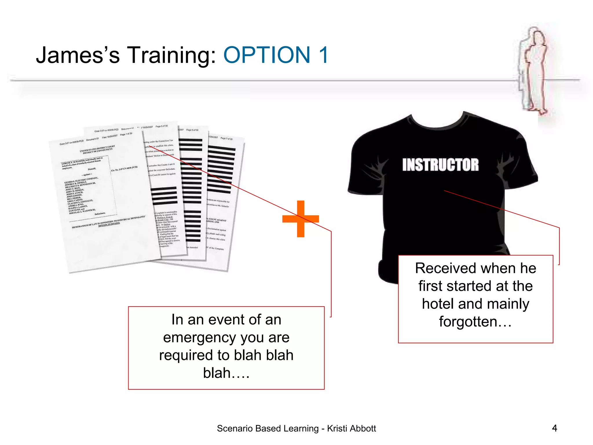 James’s Training:  OPTION 1 Scenario Based Learning - Kristi Abbott + In an event of an emergency you are required to blah blah blah…. Received when he first started at the hotel and mainly forgotten… 