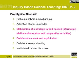 Inquiry Based Science Teaching: IBST V. 2

      Prototypical Scenario
          1. Problem analysis in small groups

          2. Activation of prior knowledge

          3. Elaboration of a strategy to find needed information
              (define collaborative and cooperative activities)

          4. Collaborative work and exploitation

          5. Collaborative report writing

          6. Institutionalization / discussion


page 11   Convergences mobile, sémantique, ubiquitaire, pervasif - F2B506
 