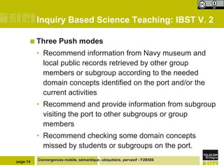 Inquiry Based Science Teaching: IBST V. 2

       Three        Push modes
          • Recommend information from Navy museum and
            local public records retrieved by other group
            members or subgroup according to the needed
            domain concepts identified on the port and/or the
            current activities
          • Recommend and provide information from subgroup
            visiting the port to other subgroups or group
            members
          • Recommend checking some domain concepts
            missed by students or subgroups on the port.
page 14   Convergences mobile, sémantique, ubiquitaire, pervasif - F2B506
 