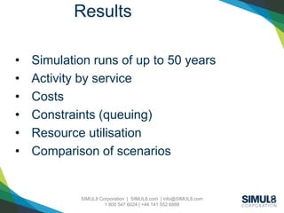 SIMUL8 Corporation | SIMUL8.com | info@SIMUL8.com
1 800 547 6024 | +44 141 552 6888
Results
• Simulation runs of up to 50 years
• Activity by service
• Costs
• Constraints (queuing)
• Resource utilisation
• Comparison of scenarios
 