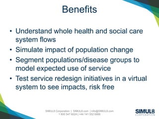 SIMUL8 Corporation | SIMUL8.com | info@SIMUL8.com
1 800 547 6024 | +44 141 552 6888
Benefits
• Understand whole health and social care
system flows
• Simulate impact of population change
• Segment populations/disease groups to
model expected use of service
• Test service redesign initiatives in a virtual
system to see impacts, risk free
 