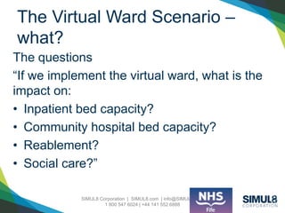 SIMUL8 Corporation | SIMUL8.com | info@SIMUL8.com
1 800 547 6024 | +44 141 552 6888
The Virtual Ward Scenario –
what?
The questions
“If we implement the virtual ward, what is the
impact on:
• Inpatient bed capacity?
• Community hospital bed capacity?
• Reablement?
• Social care?”
 