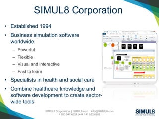 SIMUL8 Corporation | SIMUL8.com | info@SIMUL8.com
1 800 547 6024 | +44 141 552 6888
• Established 1994
• Business simulation software
worldwide
– Powerful
– Flexible
– Visual and interactive
– Fast to learn
• Specialists in health and social care
• Combine healthcare knowledge and
software development to create sector-
wide tools
SIMUL8 Corporation
 