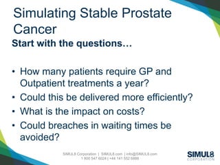 SIMUL8 Corporation | SIMUL8.com | info@SIMUL8.com
1 800 547 6024 | +44 141 552 6888
Simulating Stable Prostate
Cancer
Start with the questions…
• How many patients require GP and
Outpatient treatments a year?
• Could this be delivered more efficiently?
• What is the impact on costs?
• Could breaches in waiting times be
avoided?
 