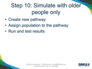 SIMUL8 Corporation | SIMUL8.com | info@SIMUL8.com
1 800 547 6024 | +44 141 552 6888
Step 10: Simulate with older
people only
• Create new pathway
• Assign population to the pathway
• Run and test results
 