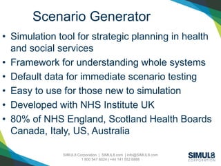 SIMUL8 Corporation | SIMUL8.com | info@SIMUL8.com
1 800 547 6024 | +44 141 552 6888
• Simulation tool for strategic planning in health
and social services
• Framework for understanding whole systems
• Default data for immediate scenario testing
• Easy to use for those new to simulation
• Developed with NHS Institute UK
• 80% of NHS England, Scotland Health Boards
Canada, Italy, US, Australia
Scenario Generator
 