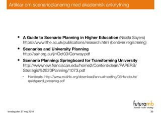 Artiklar om scenarioplanering med akademisk anknytning




        • A Guide to Scenario Planning in Higher Education (Nic...
