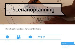 Scenarioplanning


Doel: Gezamelijke toekomstvisie ontwikkelen




60 - 120 min    4 - 8 personen   werkvorm   expert




                                                     Studio van der Sar
                                                     kvk. 51576090
 