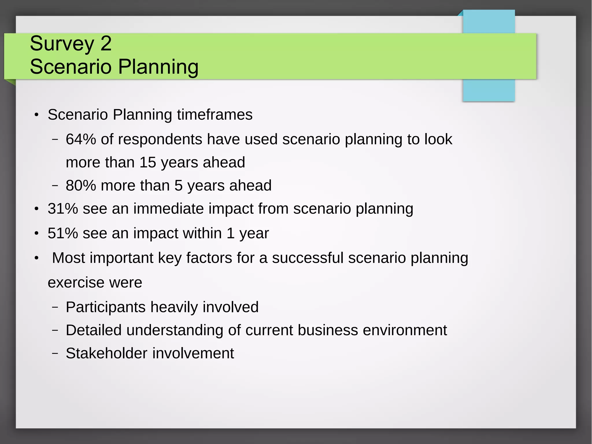 Survey 2
Scenario Planning
●

Scenario Planning timeframes
–

64% of respondents have used scenario planning to look
more than 15 years ahead

–

80% more than 5 years ahead

●

31% see an immediate impact from scenario planning

●

51% see an impact within 1 year

●

Most important key factors for a successful scenario planning
exercise were
–

Participants heavily involved
Detailed understanding of current business environment

–

Stakeholder involvement

–

 