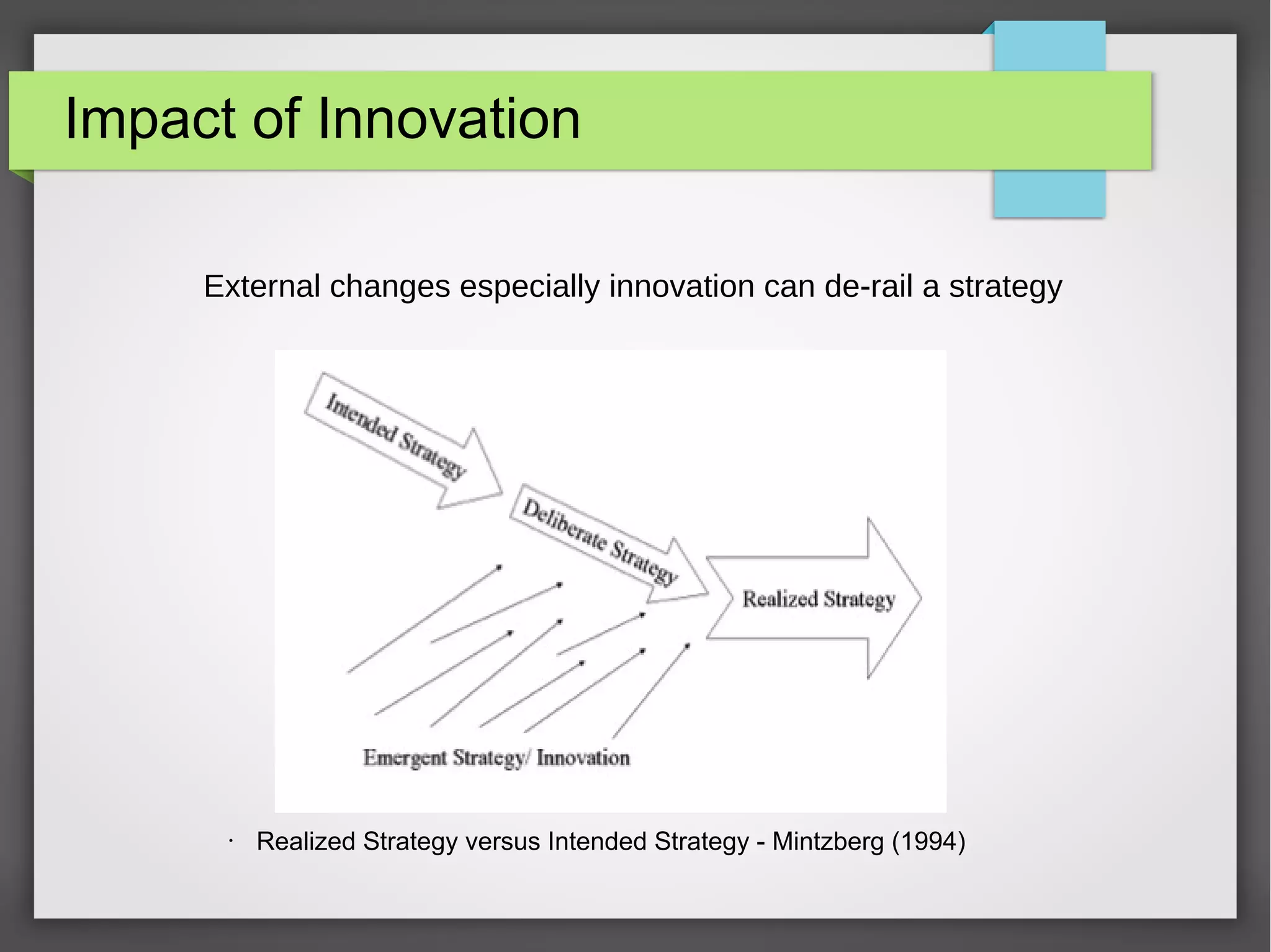 Impact of Innovation
External changes especially innovation can de-rail a strategy

•

Realized Strategy versus Intended Strategy - Mintzberg (1994)

 