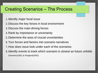 Creating Scenarios – The Process
1. Identify major focal issue
2. Discuss the key forces in local environment
3. Discuss the main driving forces
4. Rank by importance or uncertainty
5. Determine the axes of crucial uncertainties
6. Turn forces and factors into scenario narratives
7. How does issue look under each of the scenarios
8. Identify events to track which scenario is closest as future unfolds
Schwartz(1991) & Ringland(2002)

 